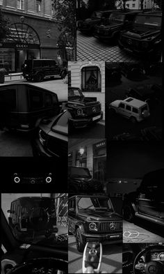 black and white photographs of cars parked in front of buildings