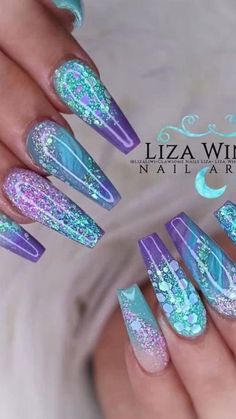 Aqua And Purple Nails, Nail Designs Glitter Bling, Tip Manicure Ideas, Purple And Turquoise Nails, French Tip Manicure Ideas, Glitter Marble Nails, Purple And Teal Nails, Nail Inspo French Tip, Nail Inspo French