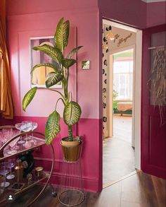 a potted plant sitting on top of a metal stand in front of a pink wall