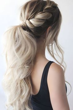 Twist Side Braid Into Low Ponytail Prom Ponytail Hairstyles, Cute Ponytail Hairstyles, Low Ponytail Hairstyles, Ponytail Hairstyles Tutorial, Tan Skin Blonde Hair, Elegant Ponytail, Ponytail Hairstyle, Ponytail Hairstyles Easy, Luxy Hair