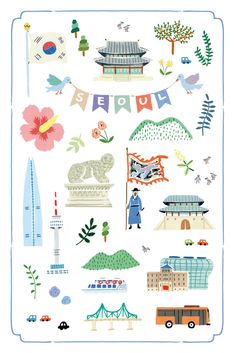 서울시 기념품 _ 엽서 on Behance Travel Doodles, Travel Poster Design, Sticker Template, Little Doodles, Korea Travel, Korean Art, Travel Illustration