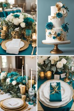 the table is decorated with blue and white flowers, gold accents, and candles for an elegant touch