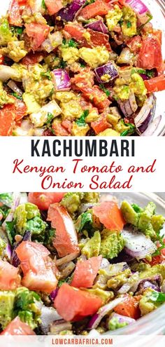 a close up of a salad in a bowl with the words kachumbari on it