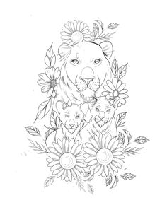 a lion and two cubs surrounded by flowers