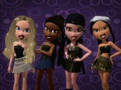 four cartoon dolls standing next to each other in front of a purple background with circles