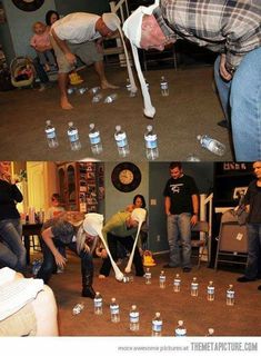 two pictures show people playing with water bottles in the living room and on the floor