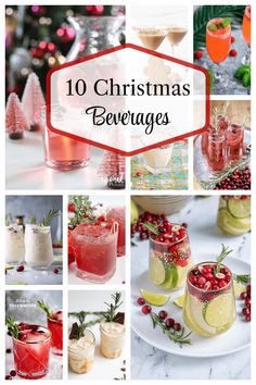 christmas beverages collage with the words 10 christmas beverages in red, white and green