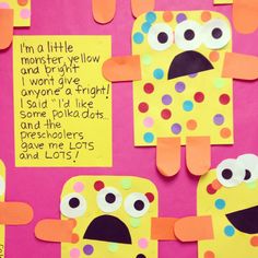 some paper cut outs with different types of faces and words written on them, all in bright colors