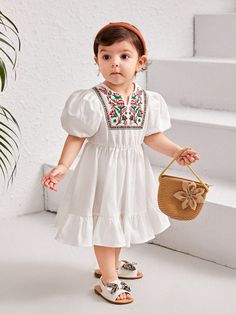 Baby Girls' Holiday Bubble Short Sleeve Dress With Embroidery Pattern And Ruffle Hemline White   Short Sleeve Cotton Floral Smock Non-Stretch  Baby Girls Clothing, size features are:Bust: ,Length: ,Sleeve Length: Kids Cotton Dress, Dress With Embroidery, Baby Cartoon, Fabric Floral, Color Shorts, Short Sleeve Dress, Embroidery Pattern, White Collar