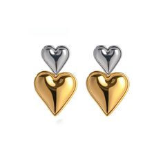 Layered Heart Earrings | Mixed Metal Silver Gold Earrings, Gold Heart Earring, Heart Shaped Earrings, Heart Drop Earrings, Double Heart, Ear Jewelry, Minimalist Earrings, Heart Of Gold, Pendant Earrings