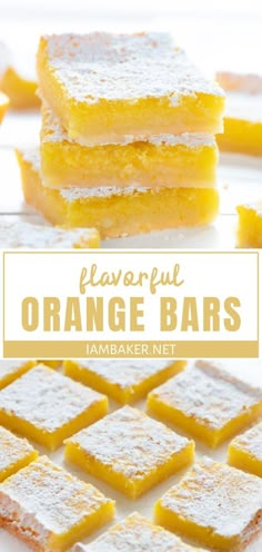 orange bars stacked on top of each other with powdered sugar and lemons in the background