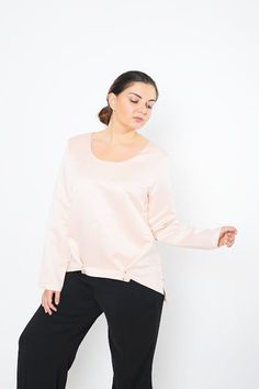 "Blouse Women, Plus Size Blouse, Blush Blouse ♛ All of Rosche's pieces are created with the sole purpose that YOU feel beautiful! Enjoy unique details in combination with high-quality materials every day and make an statement every place you go! ♛ Perfect for every occasion! ♛ Materials & Care: Cotton, Satin ♛ Delivery: Ready to ship in 3-5 business days. I ship all my pieces express! Express shipping estimates: * USA & Canada ~ 2-3 business days * EU ~ 2-3 business days * Australia, NZ Feminine Long Sleeve Satin Tops, Pink Satin Blouse In Feminine Style, Pink Satin Feminine Blouse, Long Sleeve Pink Satin Top, Pink Long Sleeve Satin Top, Pink Satin Long Sleeve Tops, Pink Loose Feminine Top, Oversized Feminine Pink Top, Chic Satin Loungewear Tops