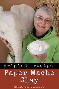 an older woman holding a bowl of ice cream next to an elephant statue with text overlay that reads original recipe paper mache clay