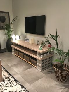 a living room with a large flat screen tv on the wall and two planters