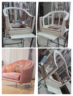 four different pictures of chairs made out of wood and metal, including one with an armrest