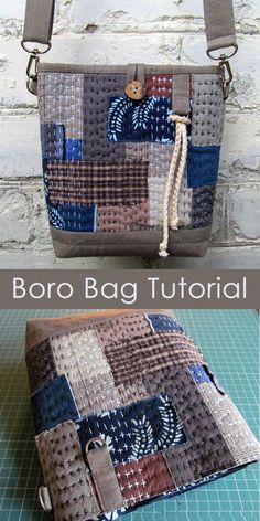 a bag made out of fabric and leather with the words boro bag tutor written on it