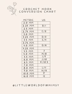 the crochet hook size chart is shown with measurements for each stitching item