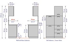 measurements for kitchen cabinets and drawers in the same size as shown on this page,