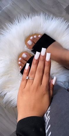 Matching Fingers And Toe Nails, Toe And Nails Matching, White Nails And Toes Matching, Matching Hands And Toes Nails, Acrylic Toes White, Matching Toes And Nails Acrylic, Matching Finger And Toe Nails, Nail And Feet Set Ideas, Short Nail And Toes Matching Ideas