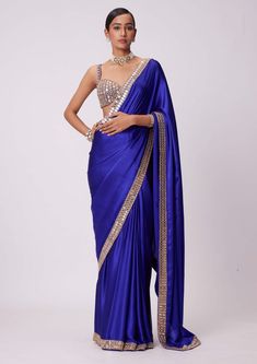 Persian Blue Hand Embroidered Satin Sari And Blouse by Vvani By Vani Vats available on Indiaspopup.com Blue Satin Saree, Satin Sari, South Indian Bride Jewellery, Indian Brides Jewelry, Full Sleeve Blouse, Mirror Embroidery, Weddings Receptions, Fancy Sarees Party Wear, Indian Fashion Saree