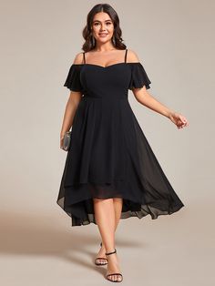 Plus Size Cold Shoulder Sweetheart Necklin Chiffon Midi Wedding Guest Dress #color_Black Fijian Wedding, Plus Size Wedding Guest Dress, Midi Wedding Guest Dress, Unusual Dresses, Pronovias Dresses, High Low Bridesmaid Dresses, Curvy Wedding, Elegant Plus Size, Womens Active Wear Outfits