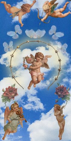 an image of angels in the sky with roses and cherubs around them on a blue background