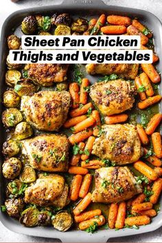 sheet pan chicken thighs and veggies in a baking dish with text overlay