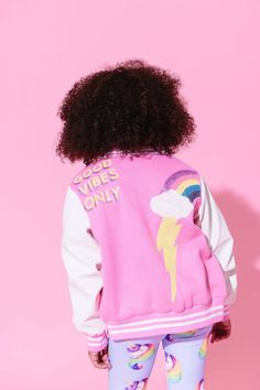 Good Vibes Varsity Bomber Rainbow And Lightning, Lightning Bolt Design, Colorful Outfits, Denim Jacket Patches, Rainbow Candy, Tie Dye Denim, Mermaid Sequin, Heart Patches, Girls Outerwear