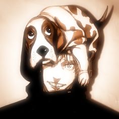 a drawing of a person with a dog on their head