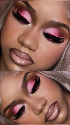 Face Beat Makeup Glitter, Nicki Minaj Makeup Looks, Hot Pink Makeup Looks Black Women, Pink Birthday Makeup For Black Women, Birthday Eyeshadow Looks, Light Pink Makeup Looks Black Women, Hot Pink Prom Makeup, Pink Eyeshadow Looks Black Women, Pink Under Eye Makeup