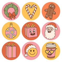 six christmas stickers with different designs on them, including cookies and gifts in circles