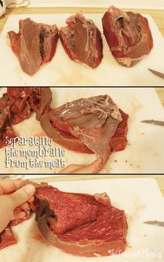 two pictures showing how to cut the meat