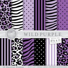 wild pink digital paper pack with leopard print and black and white stripes, cheetah spots