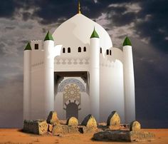 a large white building sitting in the middle of a desert under a dark cloudy sky