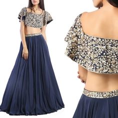 cape lehenga, blue lehenga with cape, blue lehenga with silver motifs More Modern Lehenga, Lehenga Blue, Lehengas Wedding, Cape Lehenga, Indian Wedding Dresses, Cape Blouse, Simple Lehenga, Blue Cape