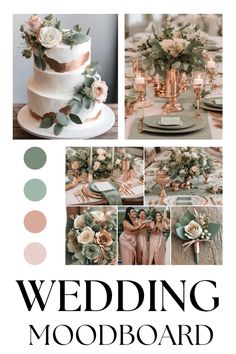 the wedding mood board is filled with different colors and flowers, including roses, greenery,