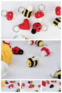 crochet bee keychains with hearts and ladybugs on them for valentine's day