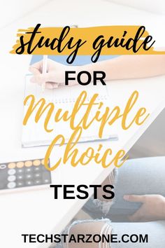 the text study guide for multiple choice tests on top of a desk with a laptop and calculator