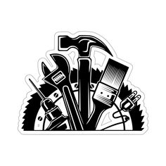 a black and white sticker with tools in it