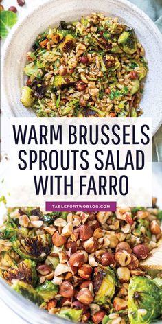 brussels sprouts salad with faro in a white bowl