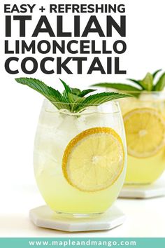 two glasses filled with lemonade and mint garnish on top of each other