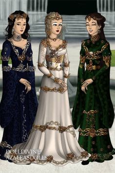 Priestesses by QueenGrania ~ High Fantasy Dress Up Medieval Ball Gowns, Fire Queen, Goddess Of The Night, Fantasy Clothes, Medieval Clothes, Royal Art