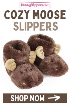 n a cold winter's night...nothing is cozier than these Moose Slippers! Just like the majestic moose of Alaska, they've got fuzzy antlers and lots of warm brown fur. Made in an over-the-ankle boot style, and lined with fleece, making them extra cozy. These slippers also come in three kids' sizes, so you can get some for the whole herd! Over The Ankle Boots, Fox Slippers, Fun Slippers, Wolf Paw