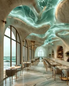 an artisticly designed restaurant with marble floors and walls