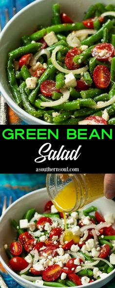 green bean salad with tomatoes, onions and feta cheese being drizzled on top