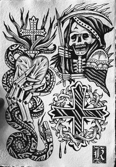 a person holding up a piece of paper with tattoos on it and two skulls in the middle