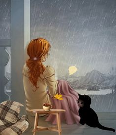 a painting of a woman sitting on a chair with a cat next to her in the rain