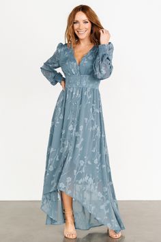 Mayfair High Low Maxi Dress | Slate Blue - Baltic Born Dusty Blue Dress Formal Long, Dusty Blue Long Sleeve Dress, Baltic Born Bridesmaid Dress Blue, Flowing Dresses Casual, Dusty Blue Maxi Dress, Dusty Blue Floral Dress, Dusty Blue Dress Formal, Bestie Wedding, Desert Warrior