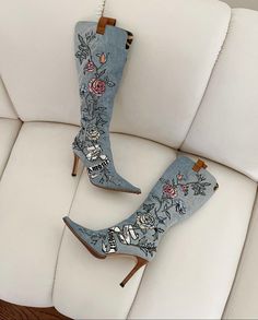 Vintage Roberto Cavalli, Knee High Cowboy Boots, Unique Boots, Sophisticated Outfits, Denim Boots, Wrap Heels, Aesthetic Shoes, Designer Pieces