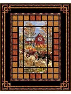 a quilt with an image of a farm scene